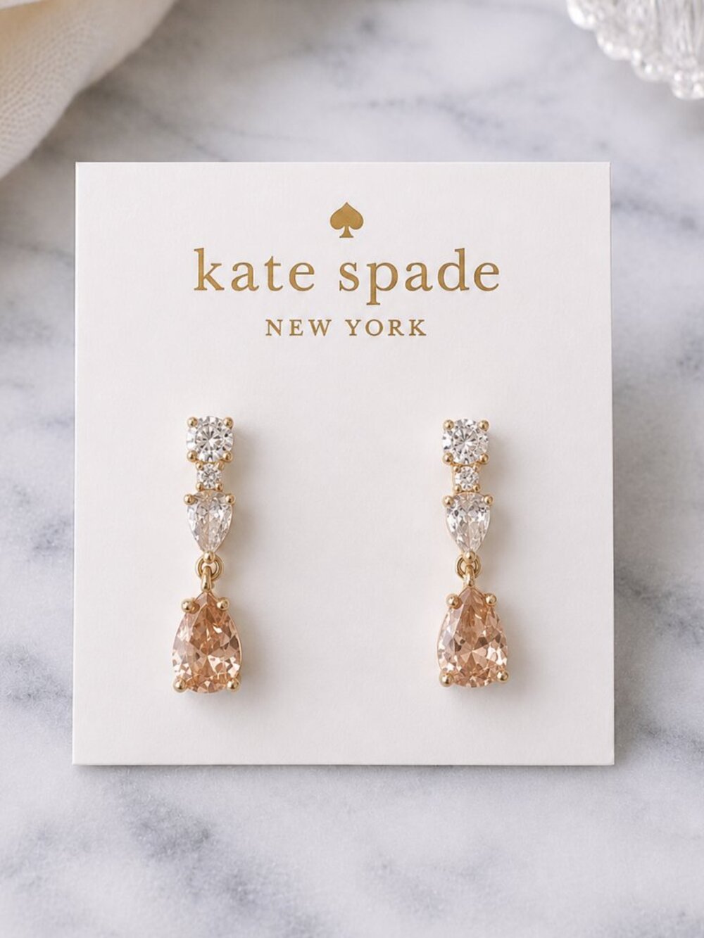 Kate Spade New York Crystal Drop Earrings Gold Tone Peach Champagne Teardrop